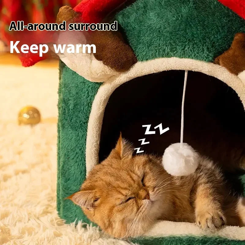 Christmas Pet House – Warm Winter Thickened 4-Season Cat & Dog Bed, Removable Washable Enclosed Fleece Tent House