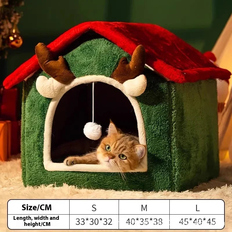 Christmas Pet House – Warm Winter Thickened 4-Season Cat & Dog Bed, Removable Washable Enclosed Fleece Tent House