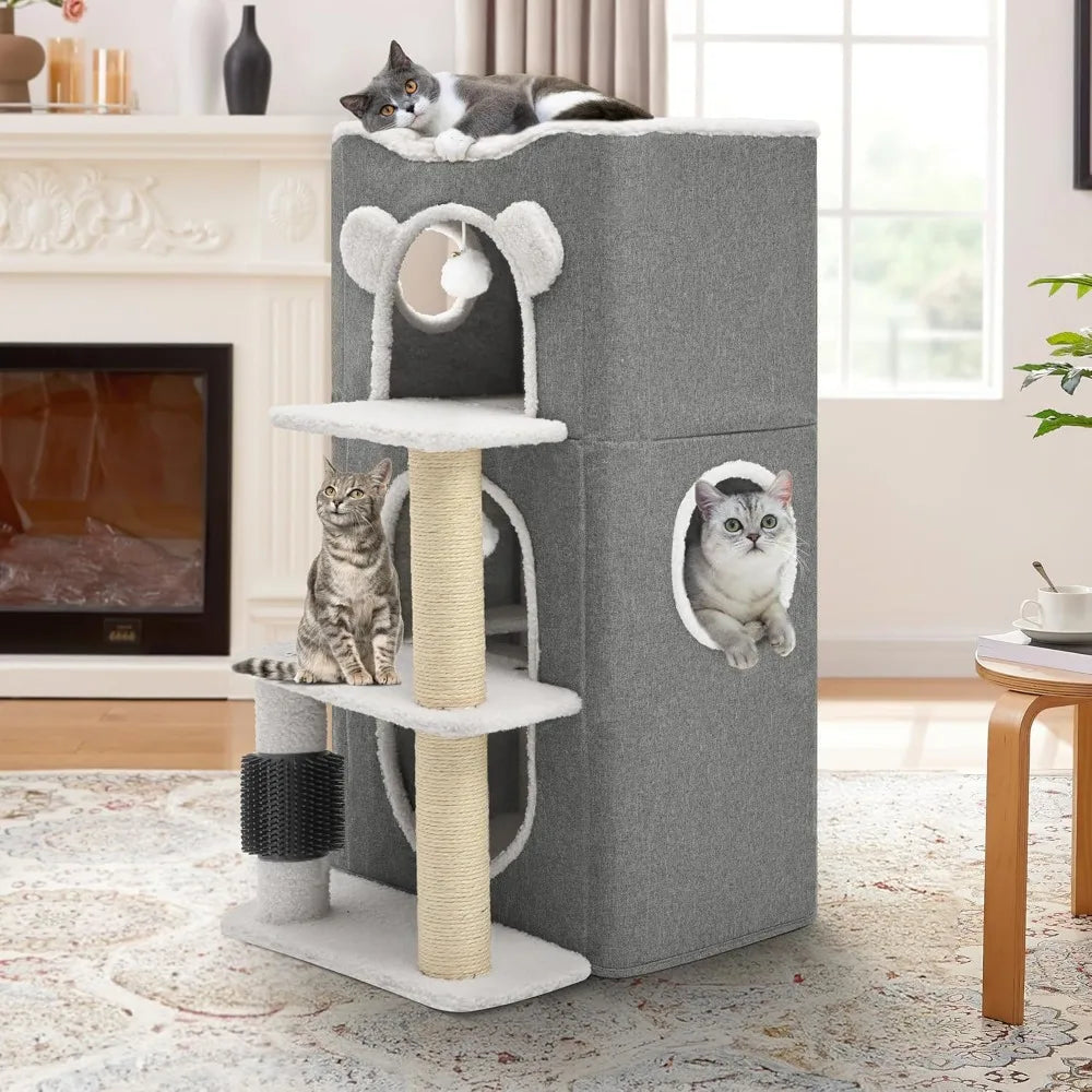 3-Tier Cat House – Modern Cat Condo for Indoor Cats, Multi-Level Cat Bed Tower with Climbing Stand, Scratch Post & Hideaway Cave