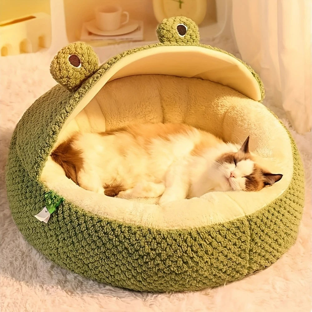 Frog-Shaped Plush Pet Bed – Cozy Green & White Sofa for Cats and Small Dogs, Warm High-Quality Polyester Nest for Kittens