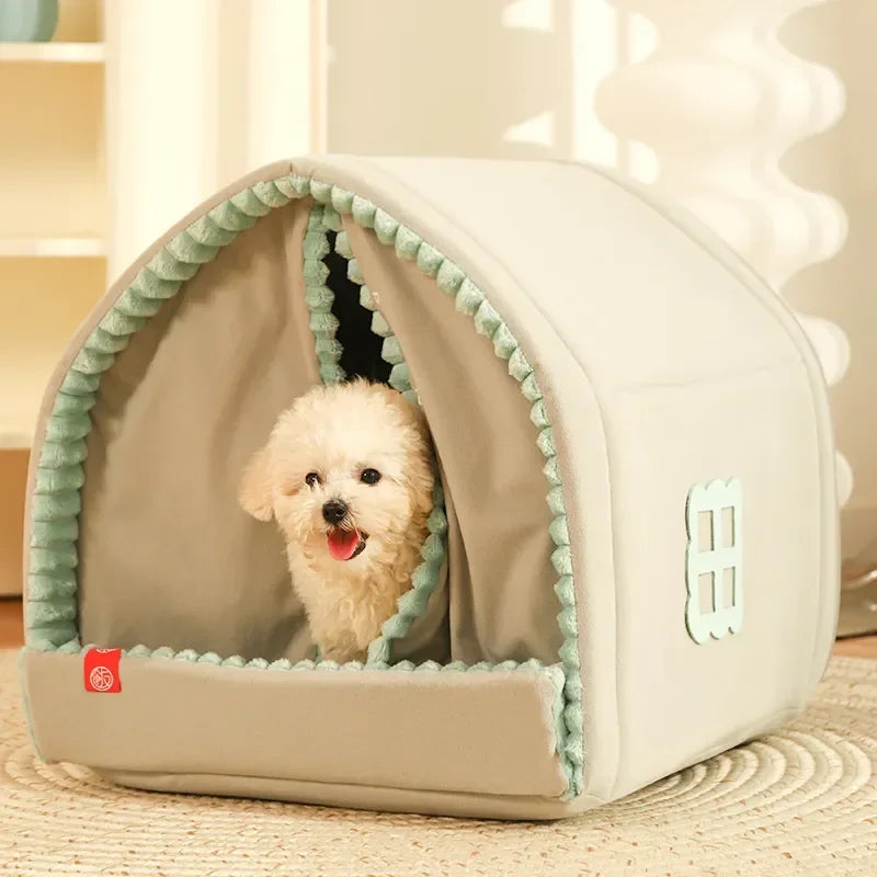 Closed Dog House with Door Curtain – Winter Windproof Pet Tent for Dogs & Cats