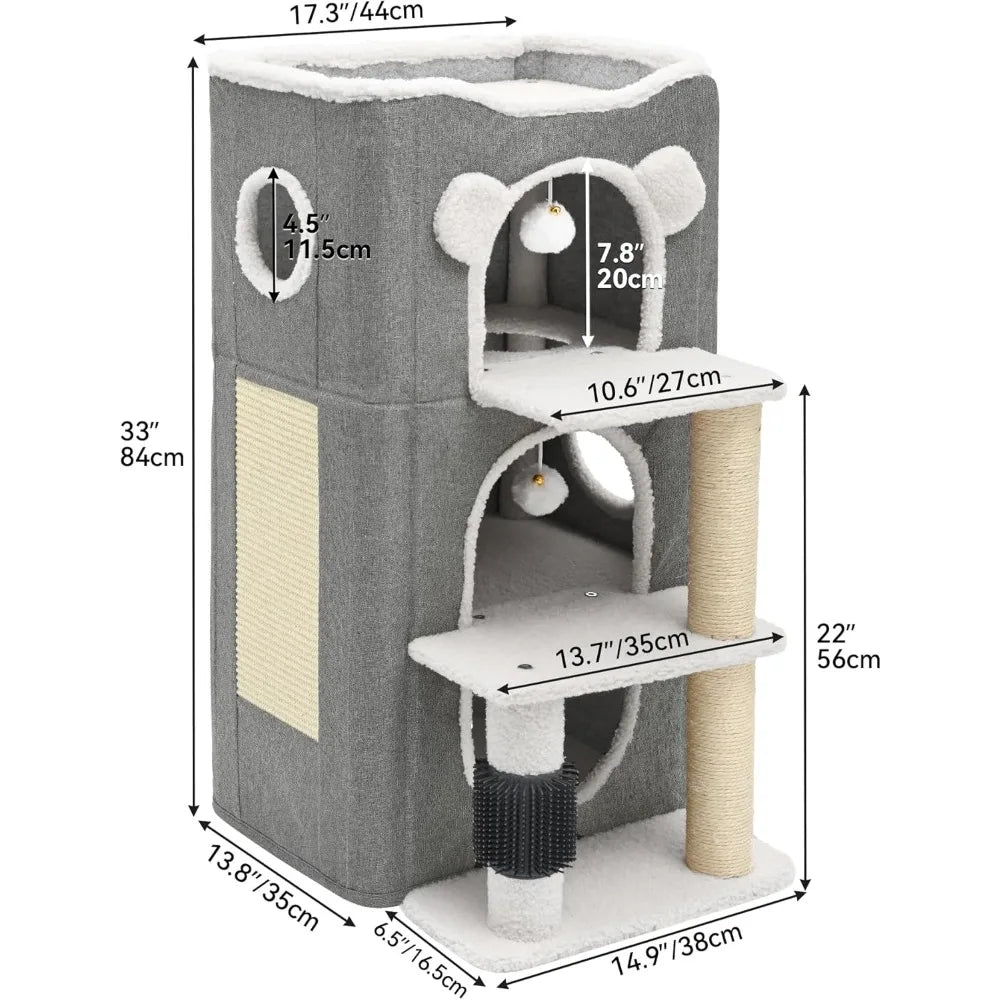 3-Tier Cat House – Modern Cat Condo for Indoor Cats, Multi-Level Cat Bed Tower with Climbing Stand, Scratch Post & Hideaway Cave