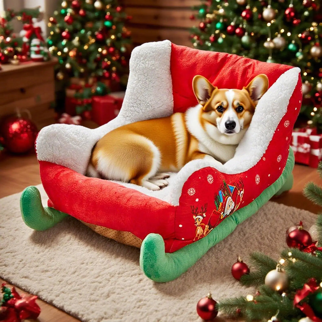 Christmas Sleigh Pet Bed – Festive Plush Dog & Cat Bed, Cozy Insulated Holiday Nest for Kittens and Puppies, Calming Sleeping Bed
