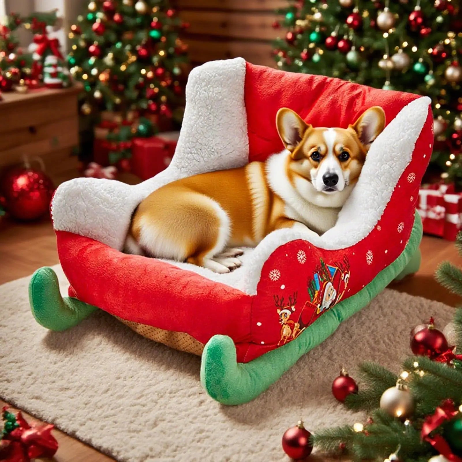 Christmas Sleigh Pet Bed – Festive Plush Dog & Cat Bed, Cozy Insulated Holiday Nest for Kittens and Puppies, Calming Sleeping Bed