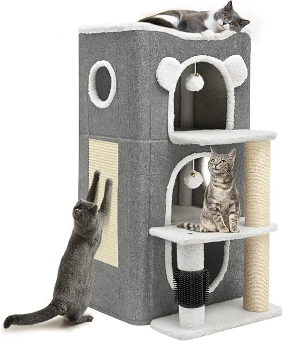 3-Tier Cat House – Modern Cat Condo for Indoor Cats, Multi-Level Cat Bed Tower with Climbing Stand, Scratch Post & Hideaway Cave