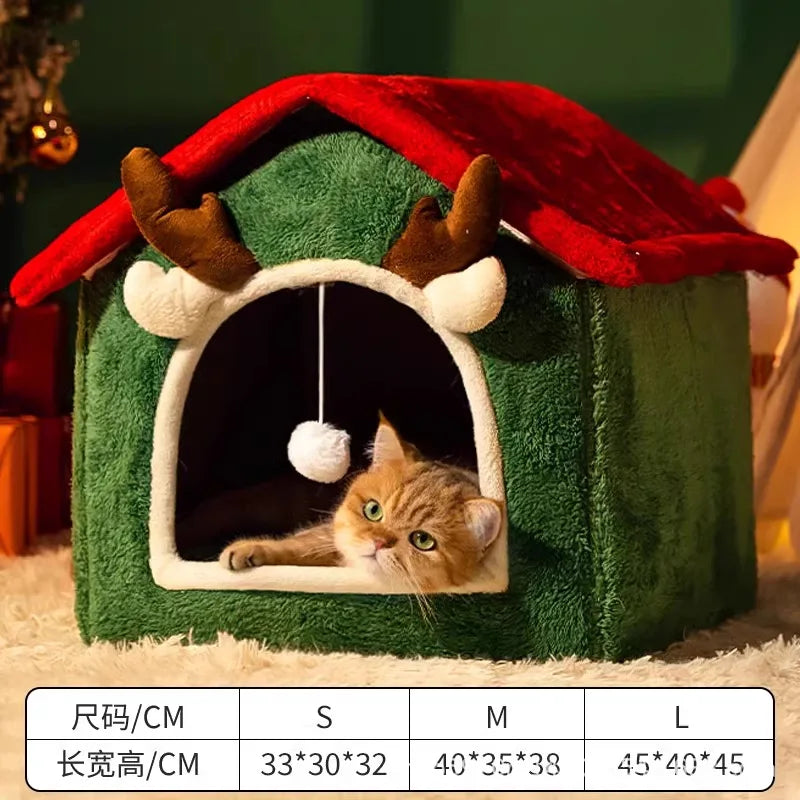 Christmas Pet House – Warm Winter Thickened 4-Season Cat & Dog Bed, Removable Washable Enclosed Fleece Tent House