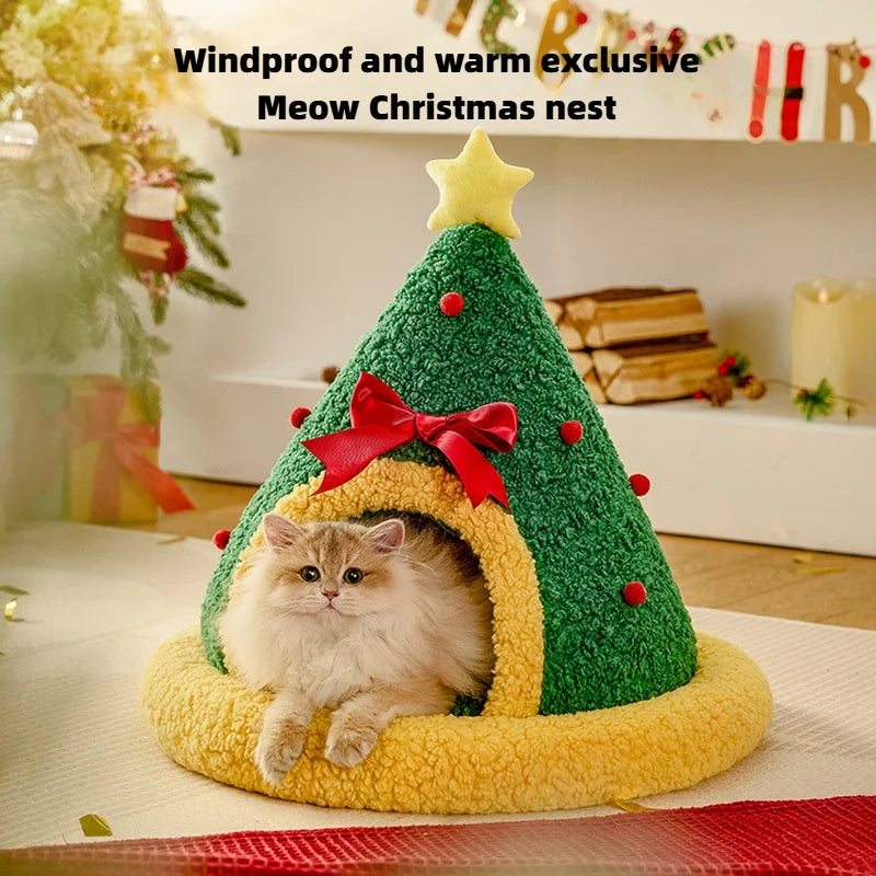 Christmas Cat Bed – Winter Warm Semi-Enclosed Pet Nest for Cats & Small Dogs, Holiday-Themed Cozy Sleep House