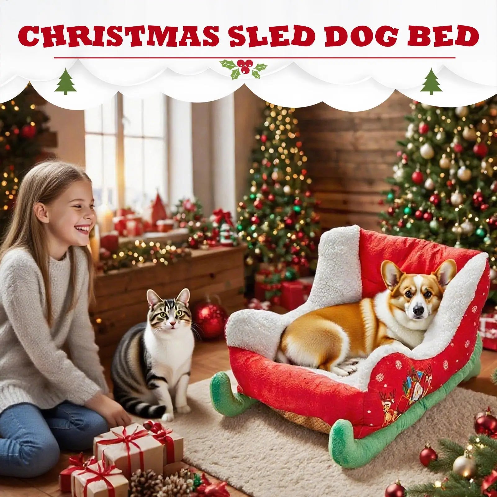 Christmas Sleigh Pet Bed – Festive Plush Dog & Cat Bed, Cozy Insulated Holiday Nest for Kittens and Puppies, Calming Sleeping Bed