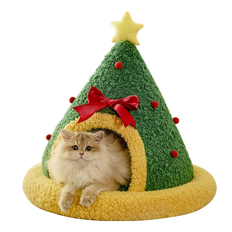 Christmas Cat Bed – Winter Warm Semi-Enclosed Pet Nest for Cats & Small Dogs, Holiday-Themed Cozy Sleep House