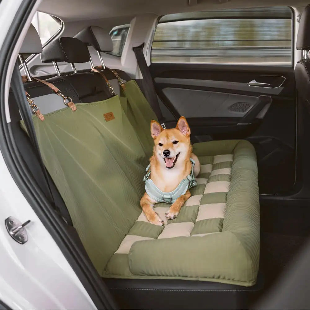 Travel Safety Dog Car Seat Bed – Large Backrest Cushion Pet Lounge Chair, Chess Board Design, Fits Most Car Models