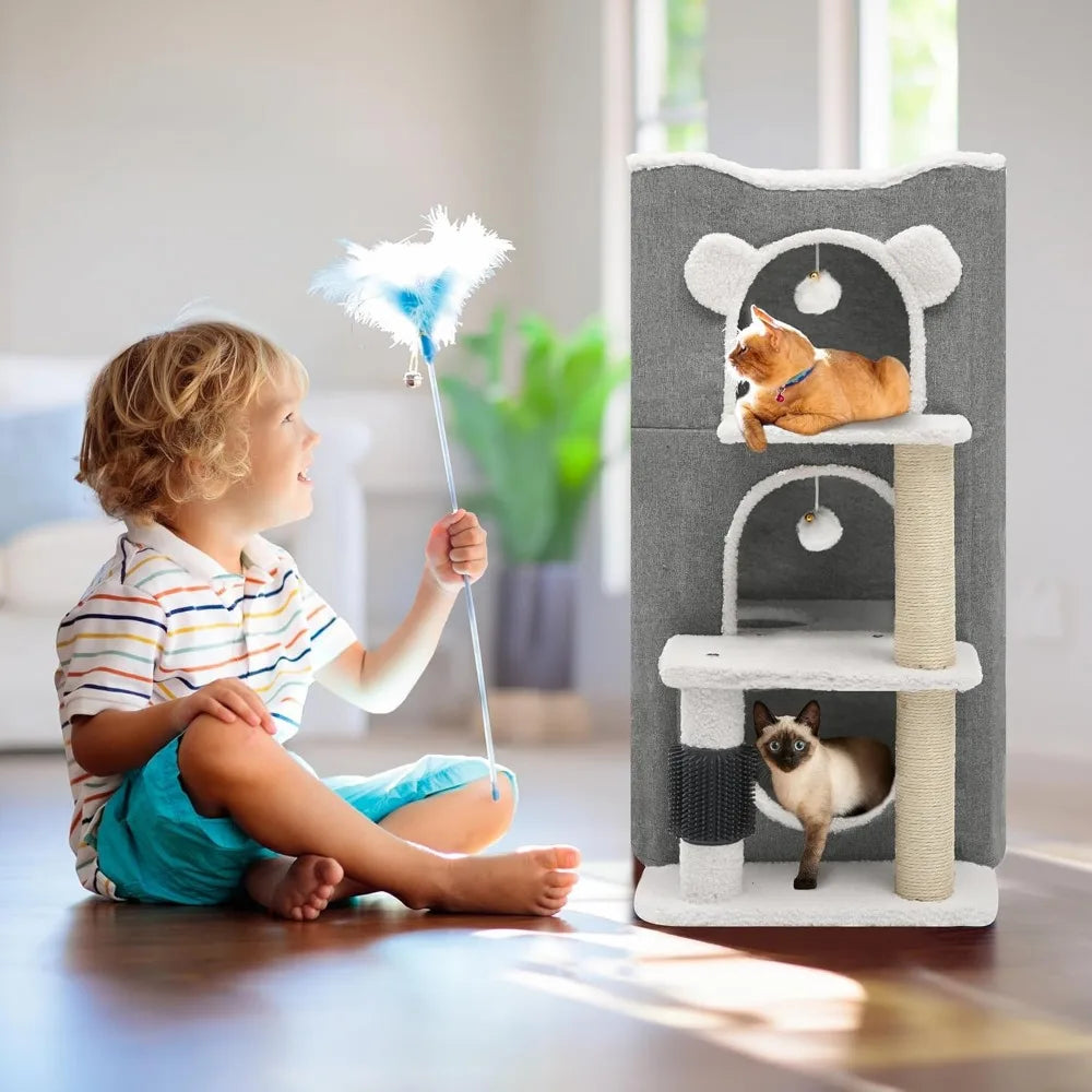 3-Tier Cat House – Modern Cat Condo for Indoor Cats, Multi-Level Cat Bed Tower with Climbing Stand, Scratch Post & Hideaway Cave