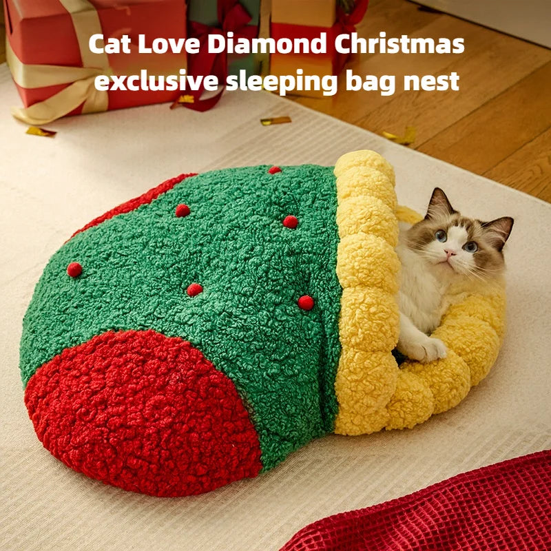 Christmas Cat Bed – Winter Warm Semi-Enclosed Pet Nest for Cats & Small Dogs, Holiday-Themed Cozy Sleep House