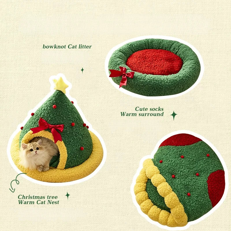 Christmas Cat Bed – Winter Warm Semi-Enclosed Pet Nest for Cats & Small Dogs, Holiday-Themed Cozy Sleep House