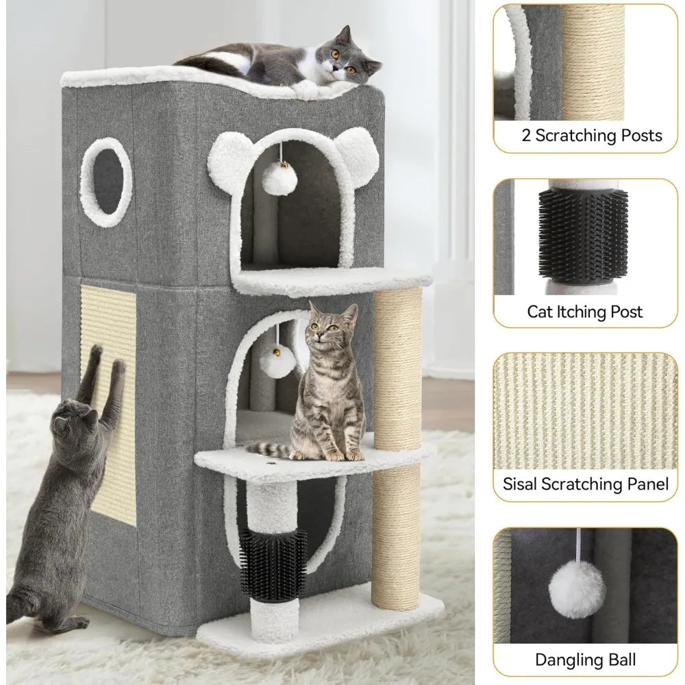 3-Tier Cat House – Modern Cat Condo for Indoor Cats, Multi-Level Cat Bed Tower with Climbing Stand, Scratch Post & Hideaway Cave