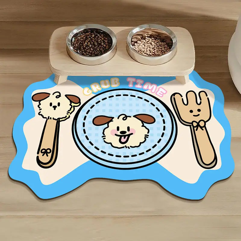 Cartoon Pet Food Mat – Non-Slip Water-Absorbing Floor Mat for Dogs & Cats, Wear-Resistant, Easy to Clean, Anti-Leak Design