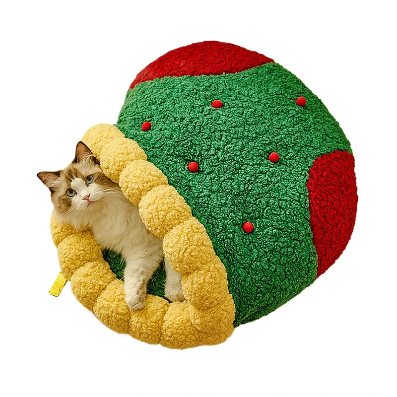 Christmas Cat Bed – Winter Warm Semi-Enclosed Pet Nest for Cats & Small Dogs, Holiday-Themed Cozy Sleep House