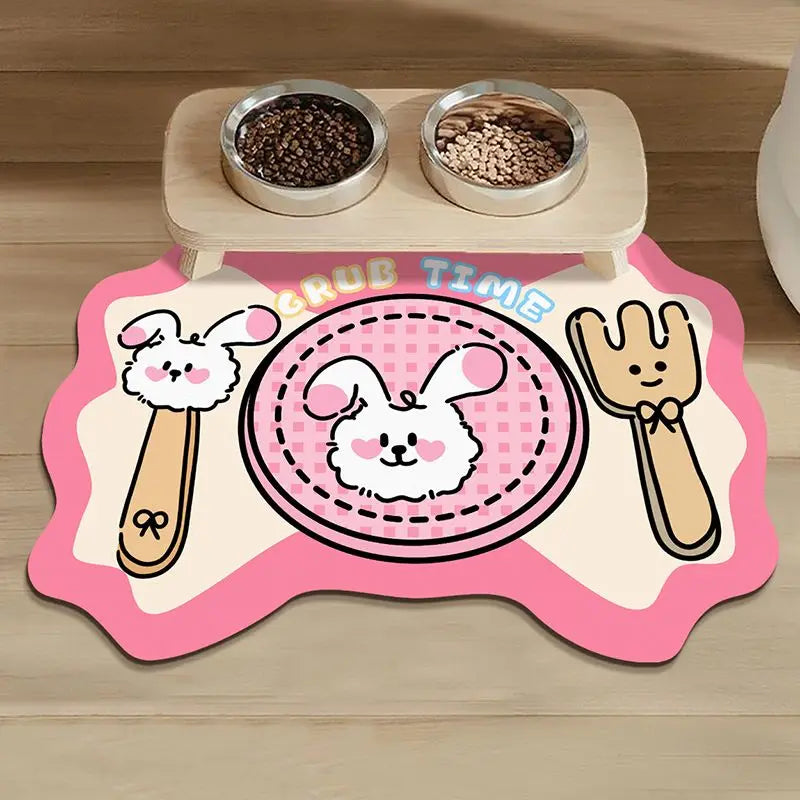 Cartoon Pet Food Mat – Non-Slip Water-Absorbing Floor Mat for Dogs & Cats, Wear-Resistant, Easy to Clean, Anti-Leak Design