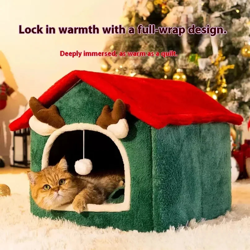 Christmas Pet House – Warm Winter Thickened 4-Season Cat & Dog Bed, Removable Washable Enclosed Fleece Tent House