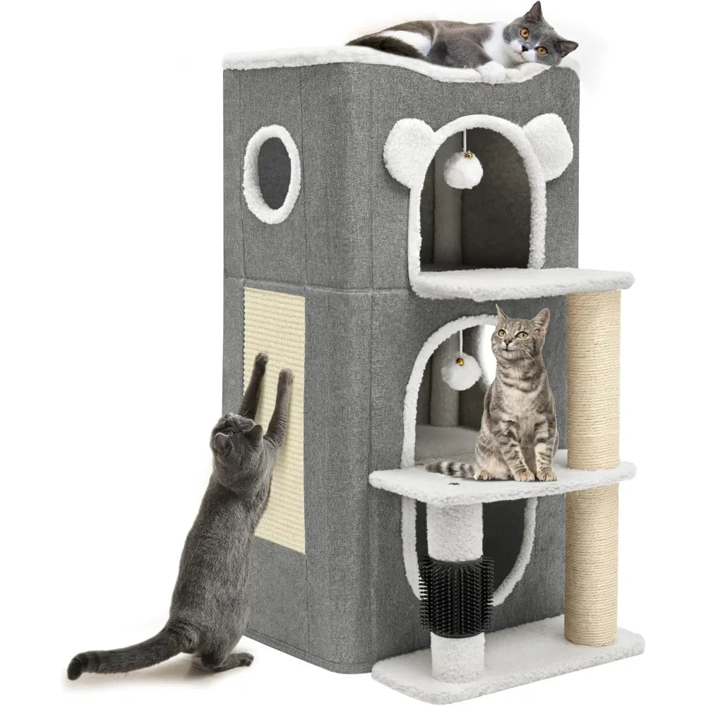 3-Tier Cat House – Modern Cat Condo for Indoor Cats, Multi-Level Cat Bed Tower with Climbing Stand, Scratch Post & Hideaway Cave