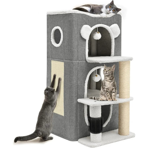 3-Tier Cat House – Modern Cat Condo for Indoor Cats, Multi-Level Cat Bed Tower with Climbing Stand, Scratch Post & Hideaway Cave