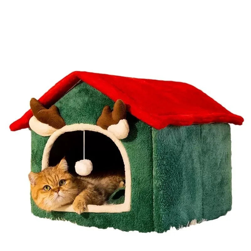 Christmas Pet House – Warm Winter Thickened 4-Season Cat & Dog Bed, Removable Washable Enclosed Fleece Tent House